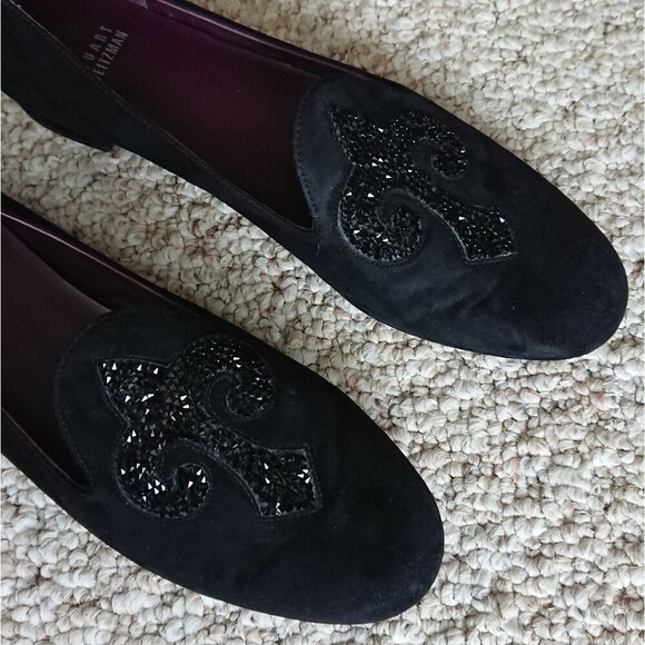 Stuart Weitzman sparkling Fleur De Lis Black Loafers size 8.5 Narrow - Picture 6 of 12